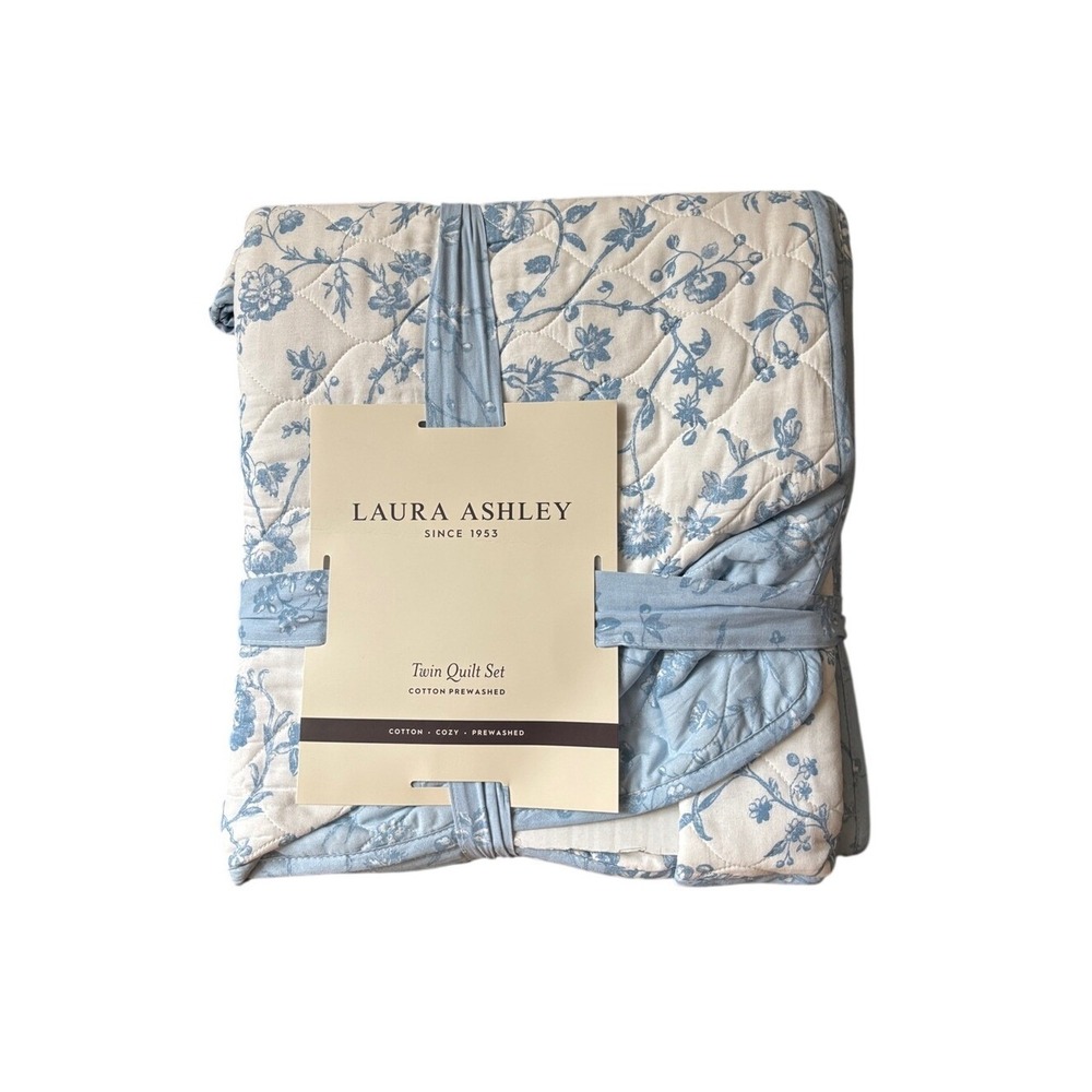 Laura Ashley Blue Floral WALLED GARDEN Twin Size Cotton Quilt Set Dorm GIFT NEW